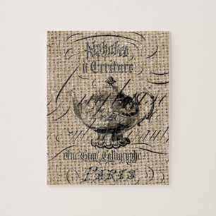 Puzzle pays français burlap scripts teapot tea party