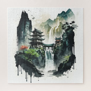 Puzzle Paysage antique de l'encre chinoise avec cascade