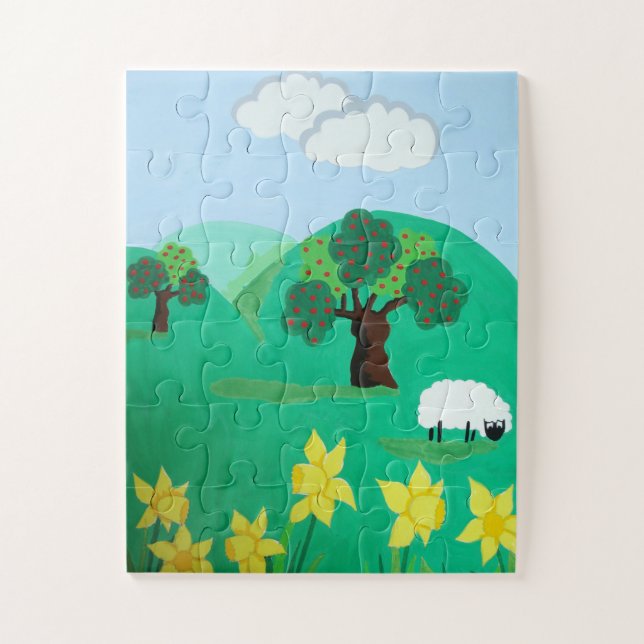 Puzzle paysage avec arbres collines bleu ciel et moutons (Vertical)