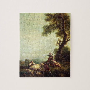 Puzzle Paysage avec des paysans observant un troupeau de