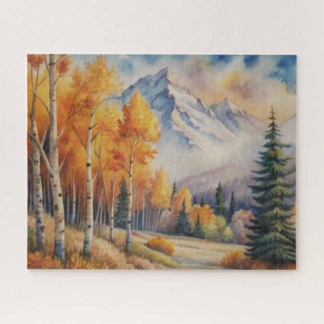Puzzle Paysage d'aquarelle Forêt d'automne avec montagne (Horizontal)