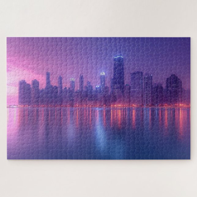 Puzzle Paysage de gratte-ciel bleu et violet (Horizontal)