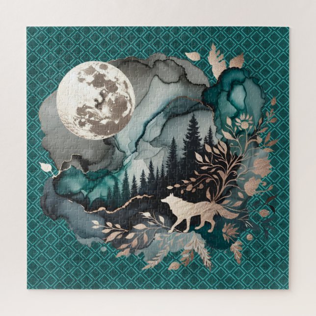 Puzzle Paysage de loup et lune or Turquoise (Vertical)