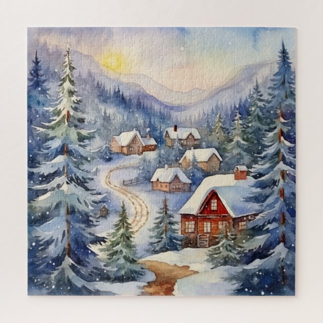 Puzzle Paysage de montagne et village en Snowy (Vertical)