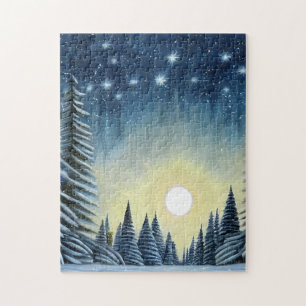 Puzzle Paysage De Neige À feuillage persistant Lune Sous
