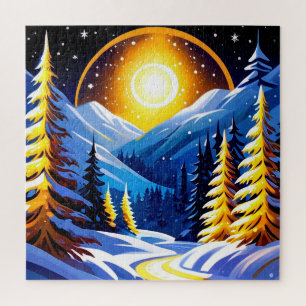 Puzzle Paysage de nuit d'hiver avec des montagnes enneigé