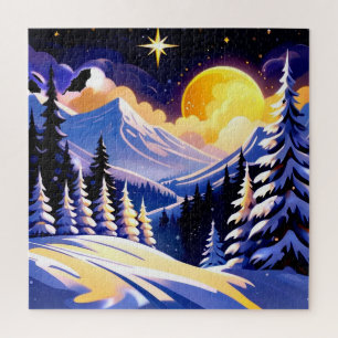 Puzzle Paysage de nuit d'hiver avec montagnes enneigées
