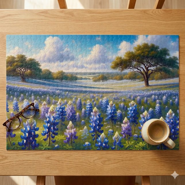 Puzzle Paysage de prairie aux bleuets du Texas (Texas Bluebonnet Meadow Landscape Jigsaw Puzzle On Table)