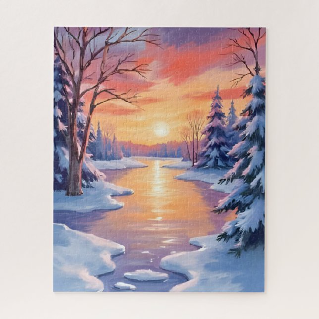 Puzzle Paysage de rivière hivernale au coucher du soleil  (Vertical)