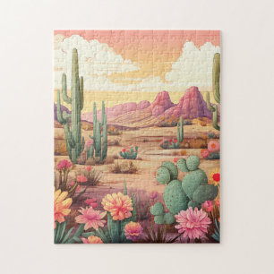 Puzzle Paysage désertique avec cactus et fleurs