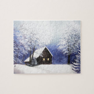 Puzzle paysage d'hiver de cabine de neige au pastel
