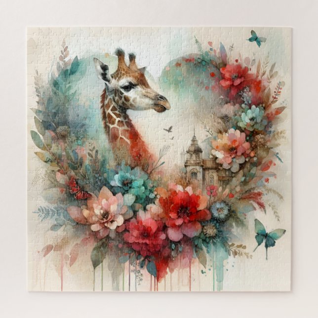 Puzzle Paysage Fleurs de Girafe Aquarelle Floral Safari (Vertical)