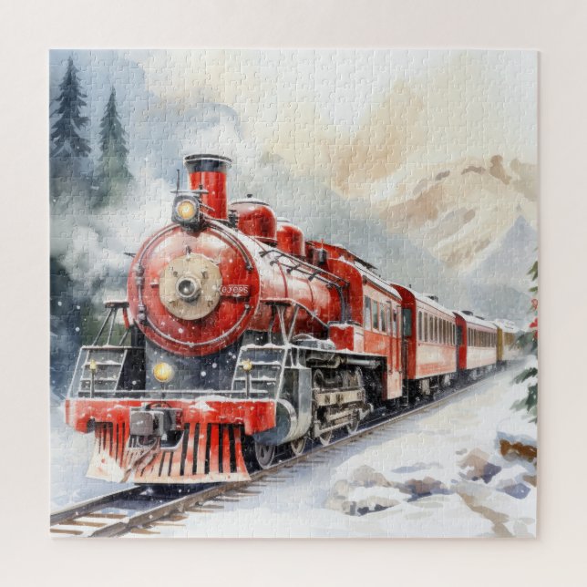 Puzzle Paysage hivernal à l'aquarelle Train de Noël (Vertical)