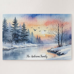 Puzzle Paysage hivernal aquarelle lever de soleil sur le