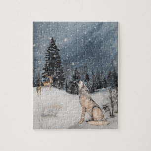 Puzzle Paysage hivernal Aquarelle Loup Cerf