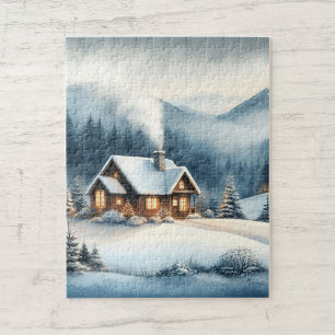 Puzzle Paysage hivernal Cabine de montagne confortable