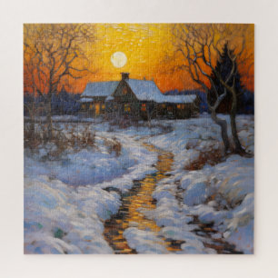 Puzzle Paysage hivernal du coucher du soleil