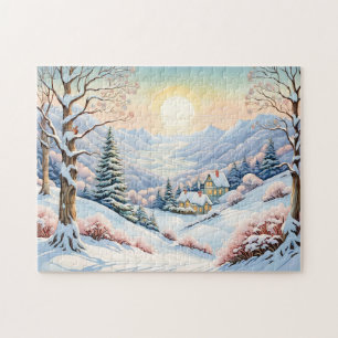 Puzzle Paysage hivernal ensoleillé à l'aquarelle pastel