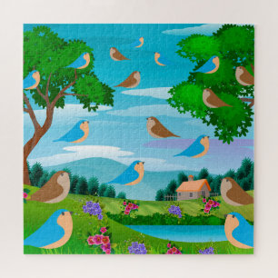 Puzzle Paysage Maison Arbres Oiseaux Fleurs Nature, Âge 1