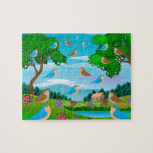 Puzzle Paysage Maison Arbres Oiseaux Fleurs Nature, Âge 6