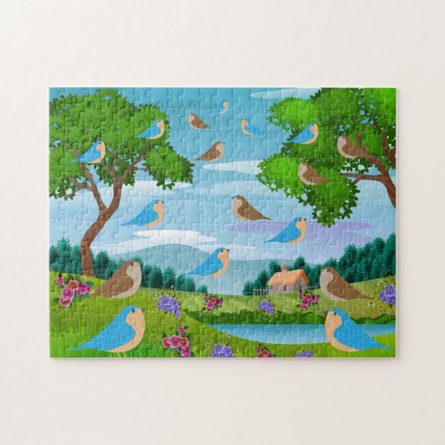 Puzzle Paysage Maison Arbres Oiseaux Fleurs Nature, Âge 8 (Horizontal)