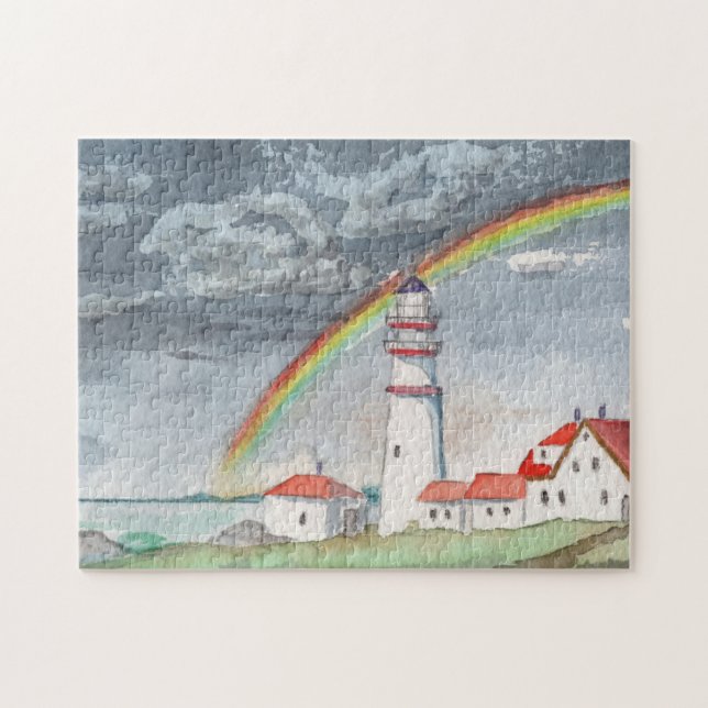 Puzzle Paysage marin arc-en-ciel phare aquarelle (Horizontal)