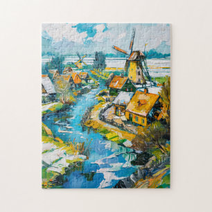 Puzzle Paysage néerlandais avec moulins à vent et canal