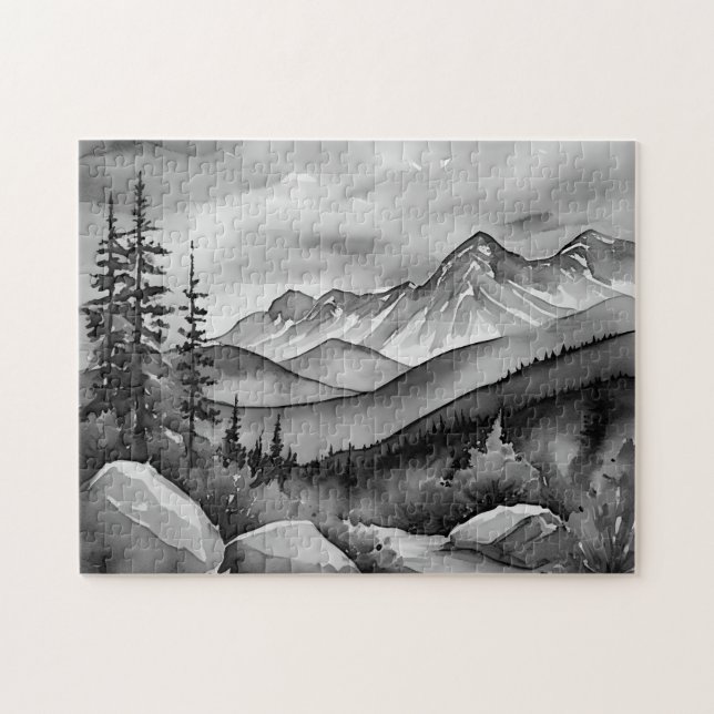 Puzzle Paysage noir et blanc peinture de montagnes (Horizontal)