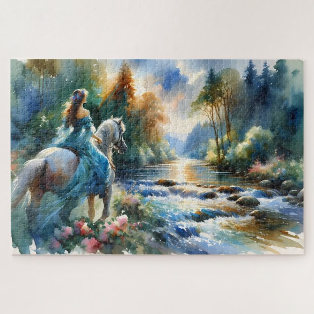 Puzzle Paysage onirique de rivière forestière à la femme  (Horizontal)