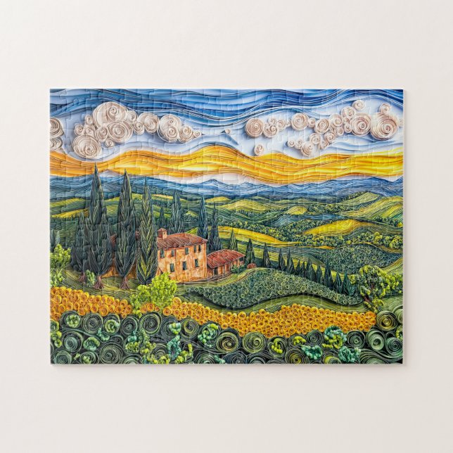 Puzzle Paysage toscan sur une colline dans le style quill (Horizontal)