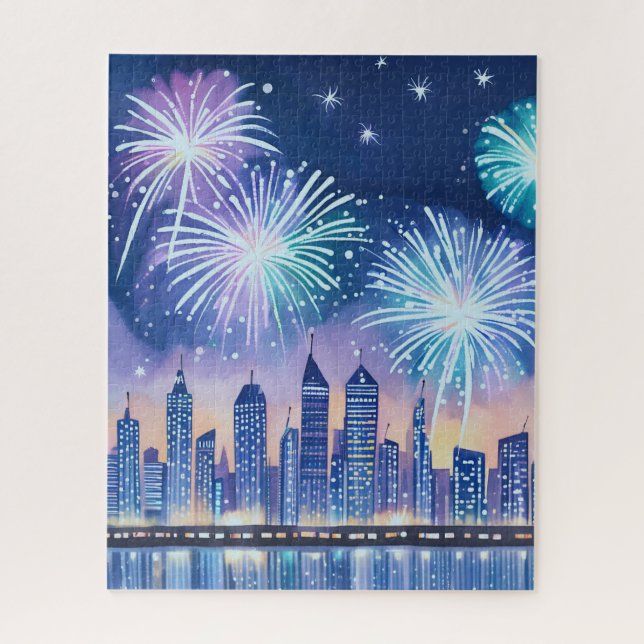 Puzzle Paysage urbain de feu d'artifice | Aquarelle numér (Vertical)