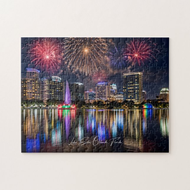 Puzzle Paysage urbain d'Orlando Floride avec feux d'artif (Horizontal)