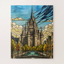 Paysage urbain médiéval sur illustration de vitrai