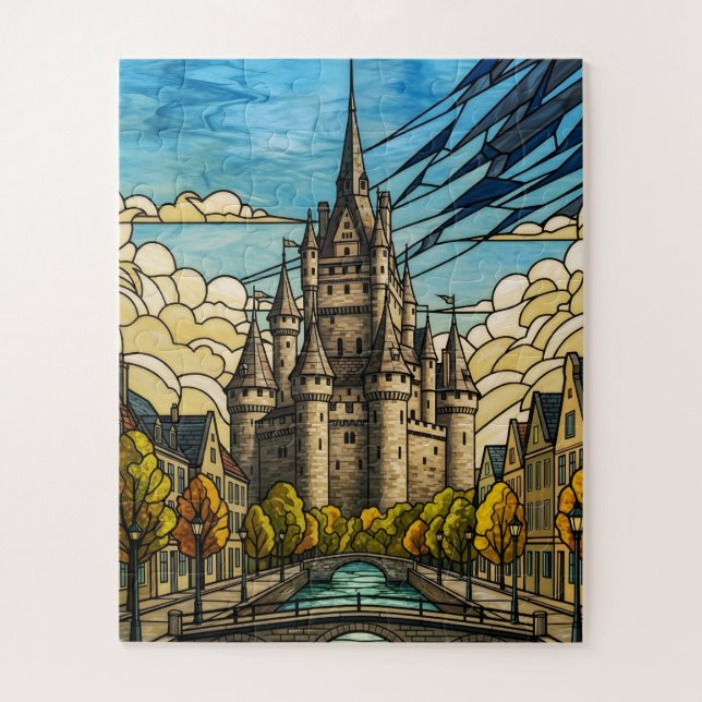 Puzzle Paysage urbain médiéval sur illustration de vitrai (Vertical)