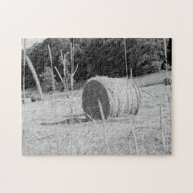 Puzzle Paysans Hay Field Scene B&W Round Bales en été (Horizontal)