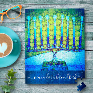 Puzzle "Peace Love Hanoukka" Artsy Blue & Green Menorah