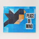 Puzzle Peace of Mind Bird in Flight Blue Sky Calming<br><div class="desc">Slow down and piece together a moment of calm. This art puzzle features a serene blue sky backdrop with a bold bird quilt design—deep blue with a warm orange center—creating a striking yet peaceful contrast. The simplicity of the composition invites focus, while the gentle message “peace of mind” adds a...</div>
