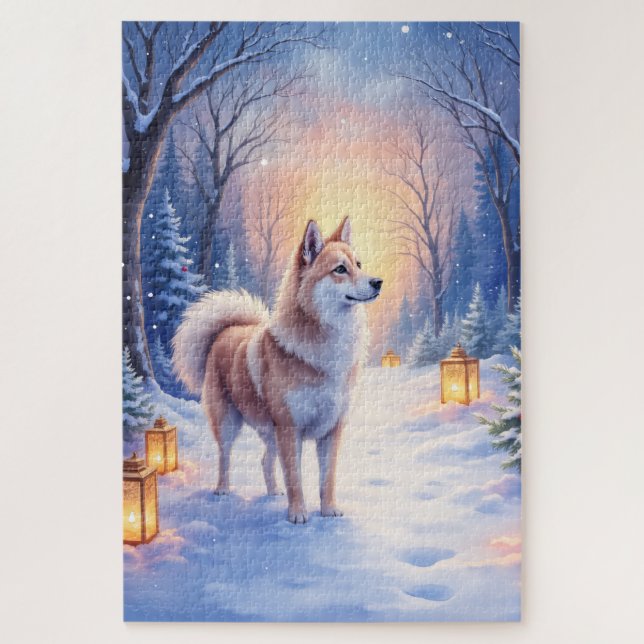 Puzzle Peaceful Akita on Snow Lantern Path Christmas Dog  (Vertical)