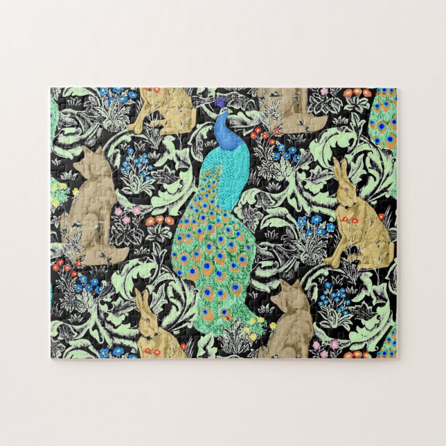 Puzzle Peacock Art Nouveau Impression, Turquoise & Neutra (Horizontal)