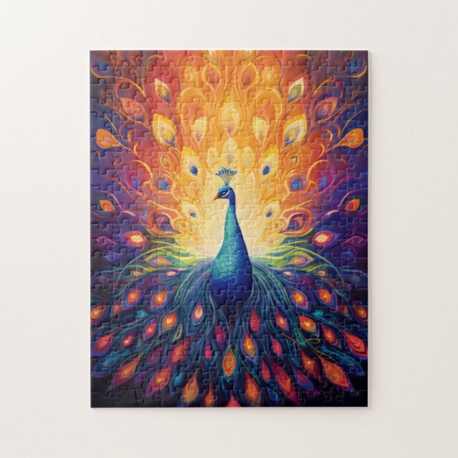 Puzzle Peacock - Blue Green Rose Orange Jaune Plumes (Vertical)