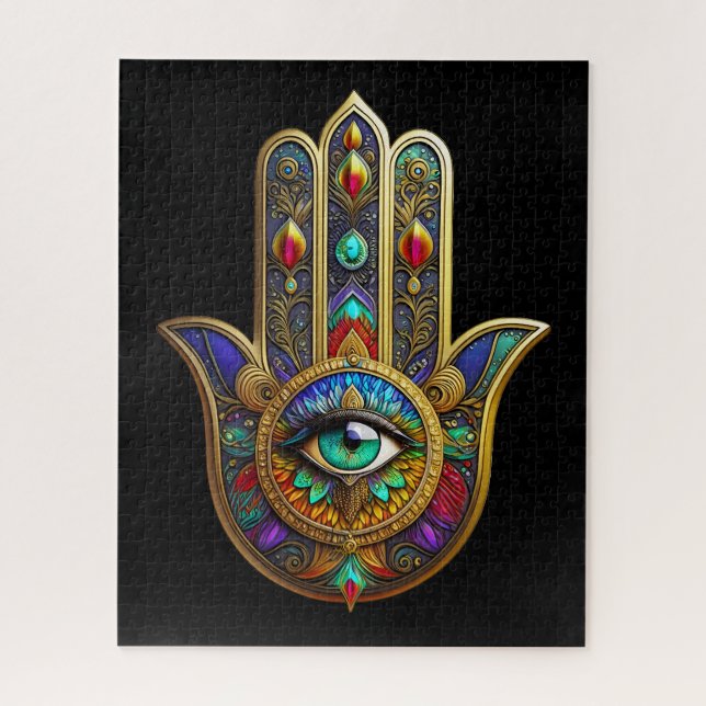 Puzzle Peacock Color Flower Petals Hamsa Green Third Eye (Vertical)