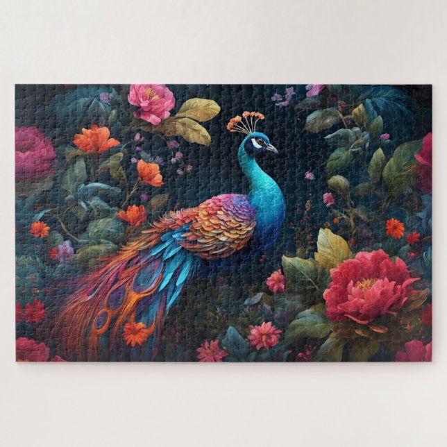 Puzzle Peacock dans un jardin Rose coloré (Horizontal)