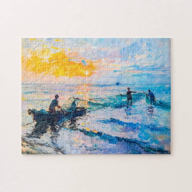 Puzzle Pêcheurs au coucher du soleil, scène côtière impre (Horizontal)