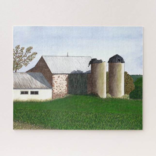 Puzzle Peinture à la main Grange rustique et scène en sil (Horizontal)