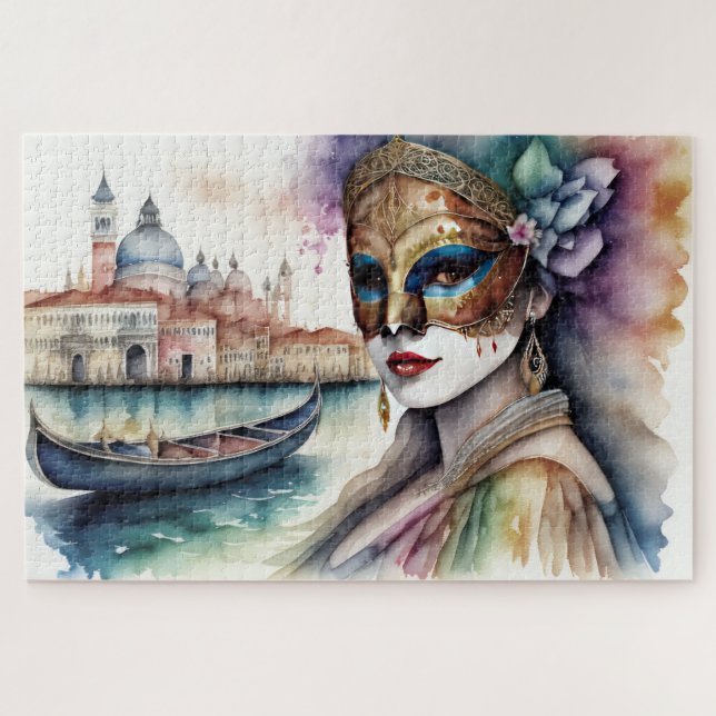 Puzzle Peinture à l'aquarelle femme portant un masque vén (Horizontal)