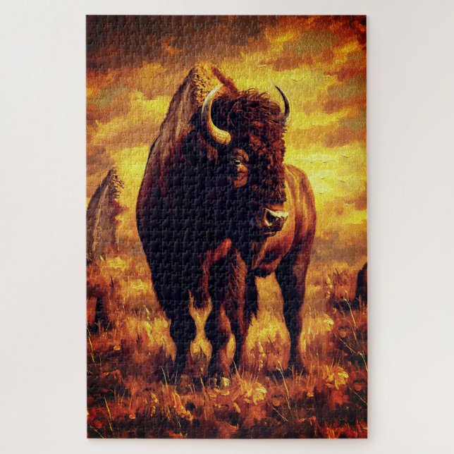Puzzle Peinture à l'huile de bison majestueux – Coucher d (Vertical)