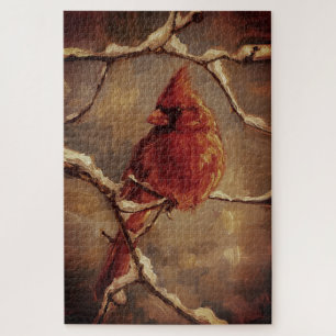 Puzzle Peinture à l'huile de Cardinal Rouge sur Branche d