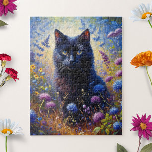 Puzzle Peinture à l'huile de chat noir et de Fleurs sauva