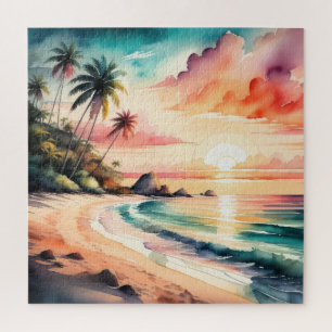 Puzzle Peinture aquarelle du coucher de soleil de la plag