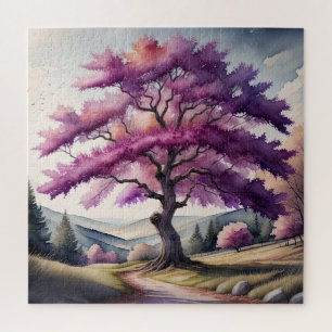 Puzzle Peinture aquarelle d'un grand arbre à feuilles vio
